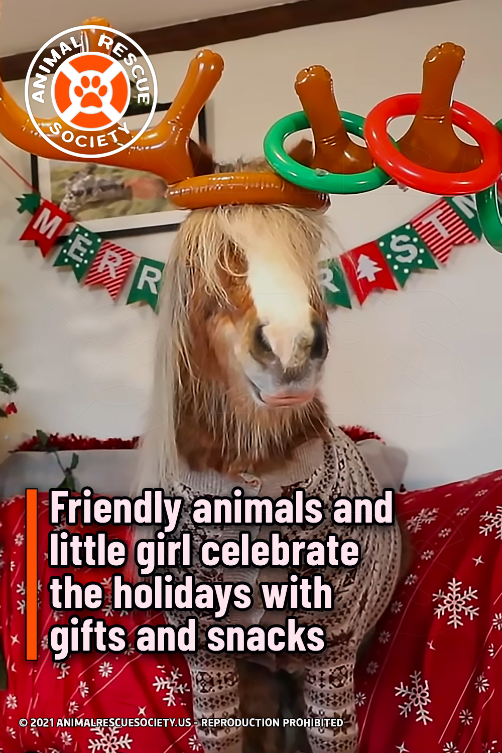 Friendly animals and little girl celebrate the holidays with gifts and snacks